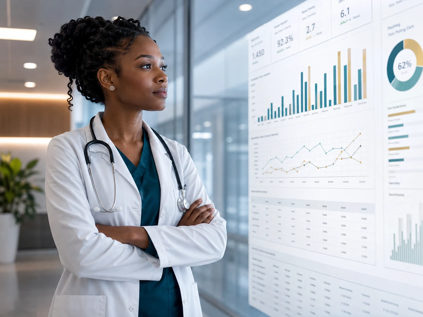 African clinician reviewing hospital analytics