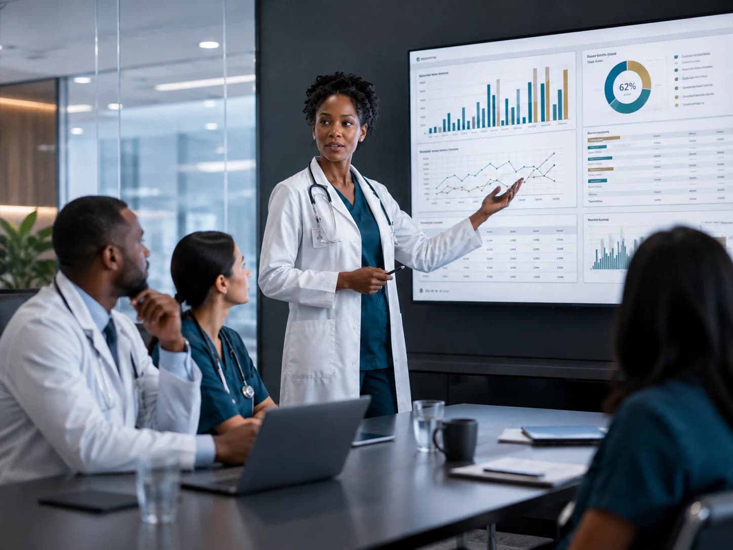 African clinician presenting hospital analytics to colleagues