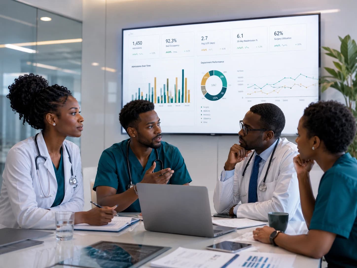 African clinical team discussing hospital performance data